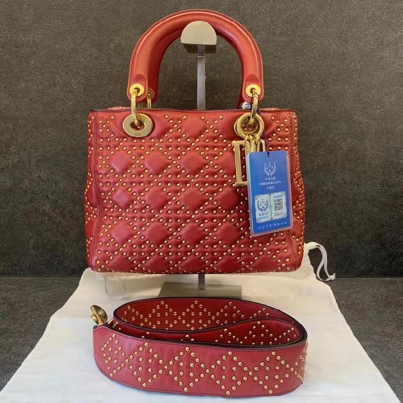 Dior Lady Medium Red Studded Leather Handbag