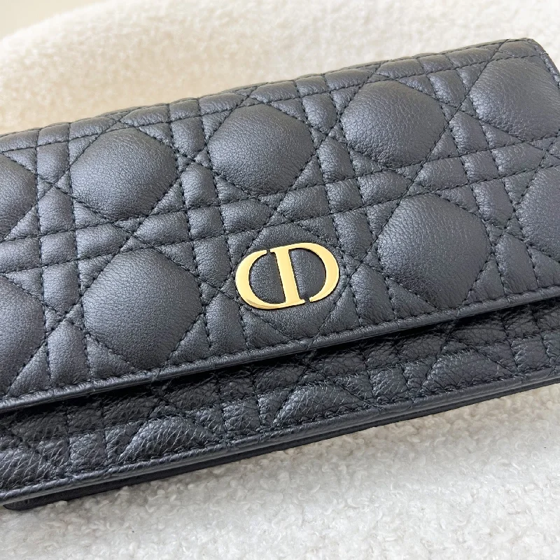 Dior Caro Pouch / Wallet on Chain WOC in Black Black Supple Cannage Calfskin GHW