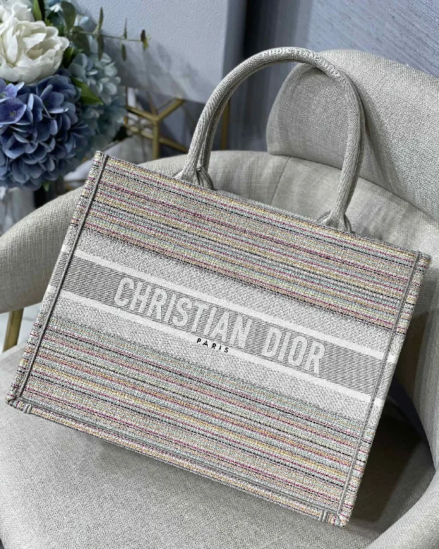 Christian Dior Large Book Tote Bag Canvas Stripes Embroidery For Women 42cm/16.5in