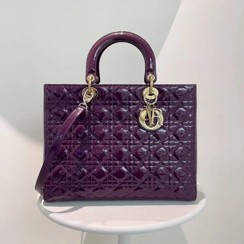 Dior Lady Dior Large Patent Leather Handbag Purple