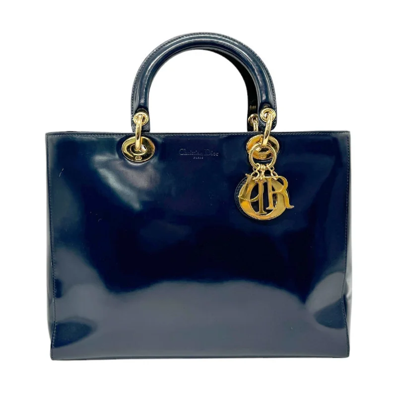 Christian Dior Handbag Shoulder Bag Cannage Patent Leather Navy Gold Women's z2902