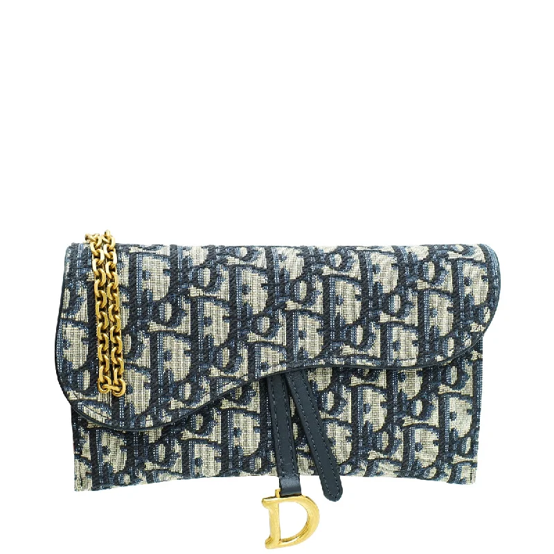 Christian Dior Navy Blue Oblique Jacquard Saddle Chain Wallet