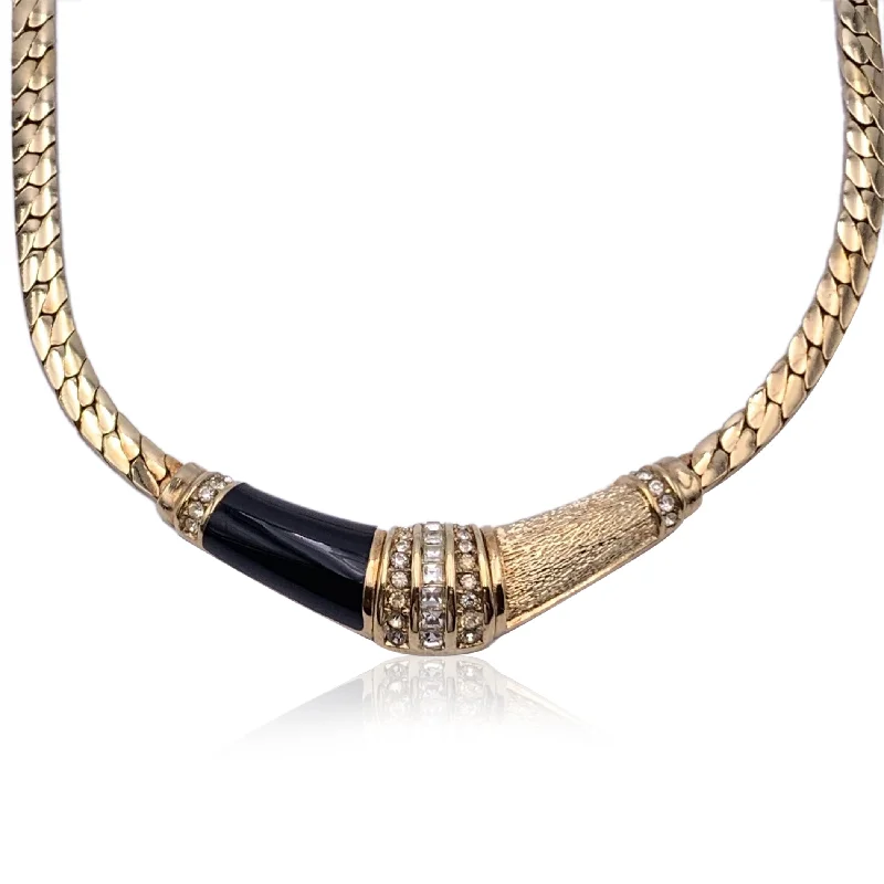 CHRISTIAN DIOR Vintage Gold Metal Crystal Black Enamel Necklace