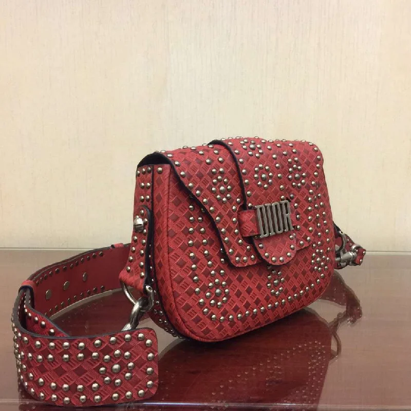 Dior D-Fence Saddle Bag In Red Studded Calfskin