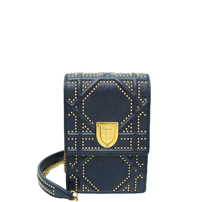 Christian Dior Navy Blue Diorama Studded Vertical Chain Wallet