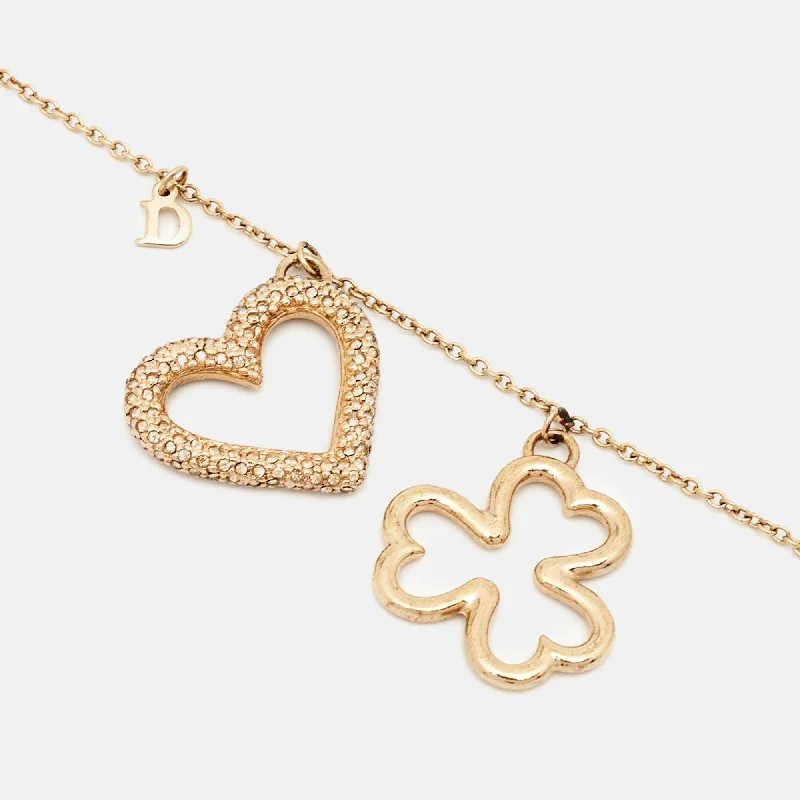 DIOR  Crystal Heart Clover Charms Gold ToneChain Necklace