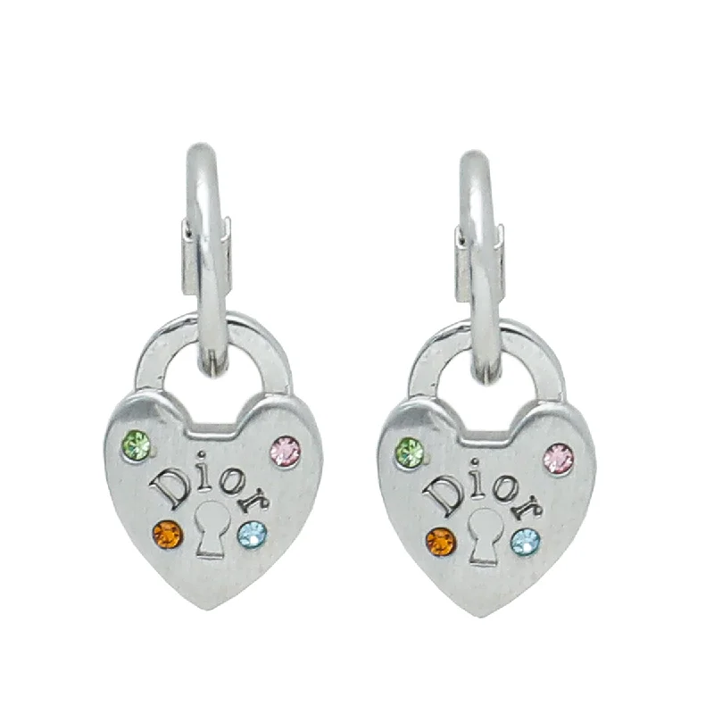 Christian Dior Silver Heart Lock Crystal Drop Earrings