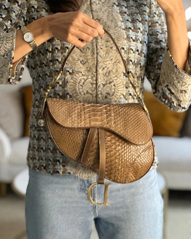 Christian Dior Brown Python Saddle Bag with Antique Gold Hardware