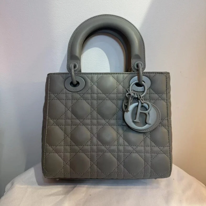 Dior Lady Grey Leather Quilted Handbag Medium