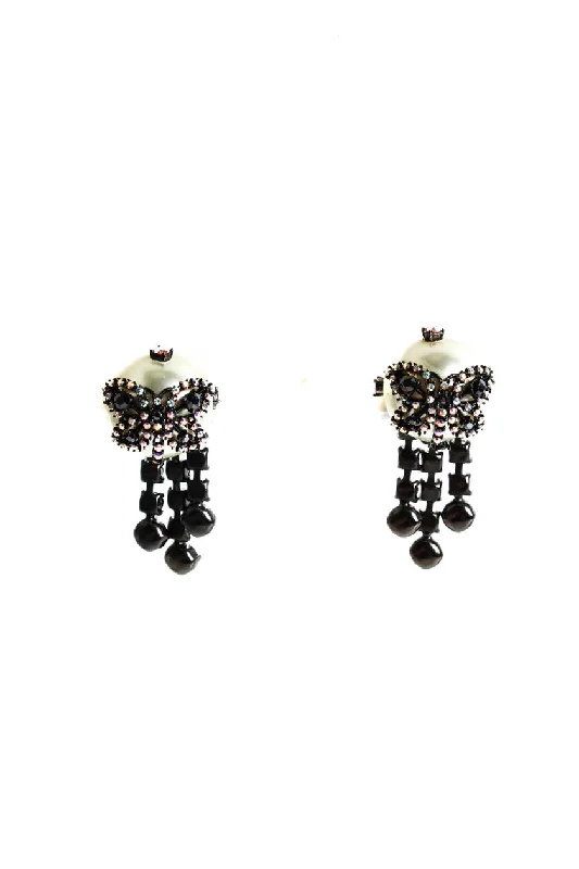 Dior Womens Gunmetal Tone Faux Pearl Crystal Butterfly Tribales Dangle Earrings