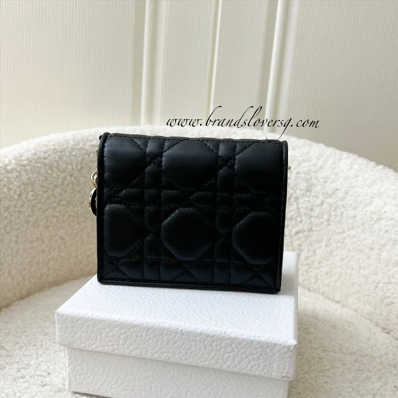 Dior Lady Dior Compact Wallet in Black Lambskin GHW