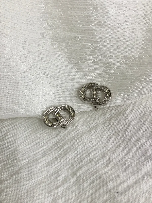 Christian Dior CD Logo Rhinestone Earrings Silver Vintage 7n4utz