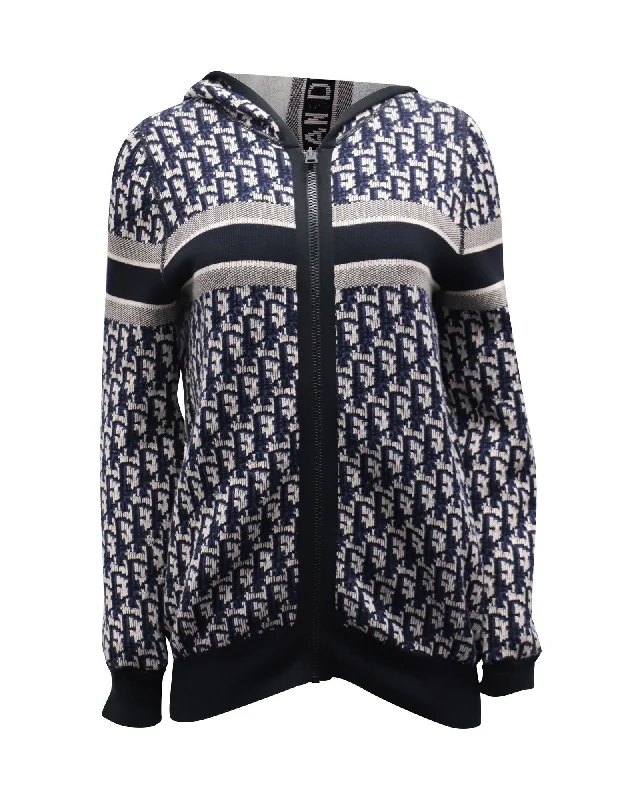 Dior Oblique Motif Hooded Cardigan in Blue Cotton