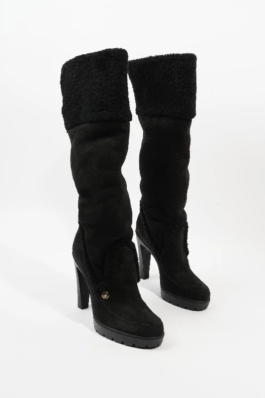 Christian Dior Sheepskin Knee High Boot 110 Black Shearling EU 38 UK 5