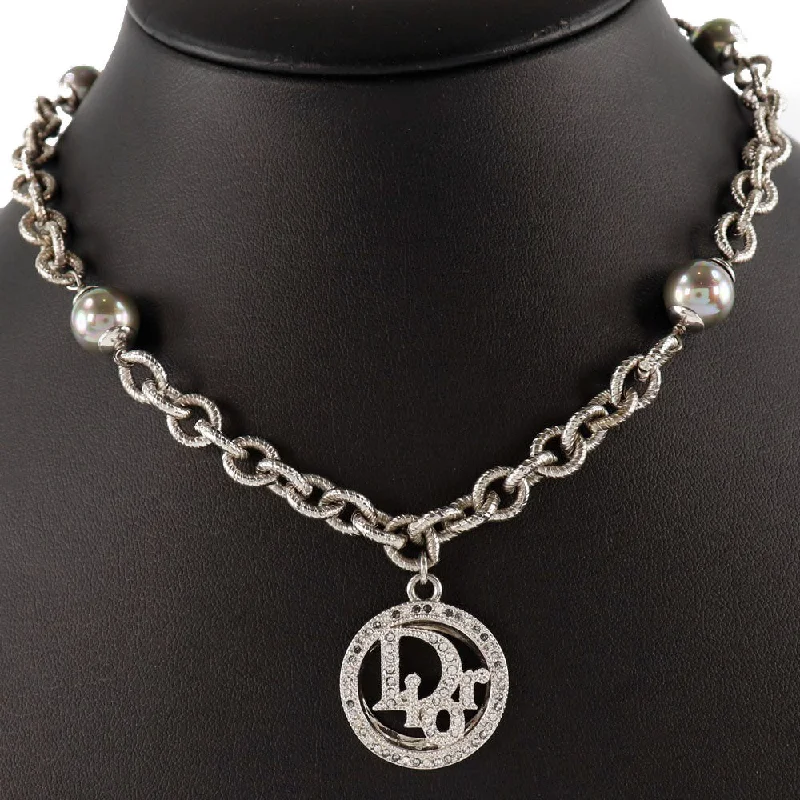 Christian Dior Necklace Metal x False Pearl x Rhinestone French Silver  45.5g  A  A  Collar