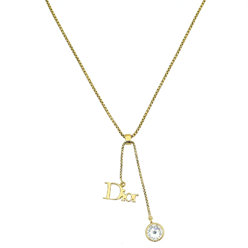 Christian Dior Gold Finish Logo Crystal Drop Pendant Necklace